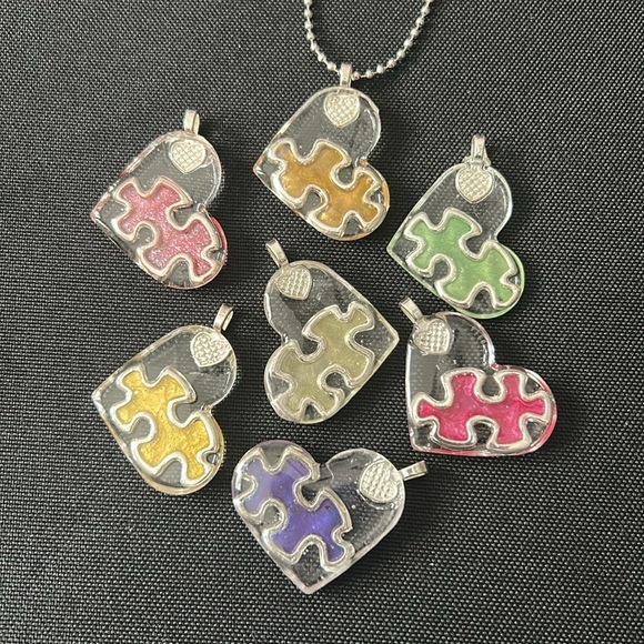 Silver Heart Autism Puzzle Piece Resin Pendant w/Free Chain - Picture 2 of 16